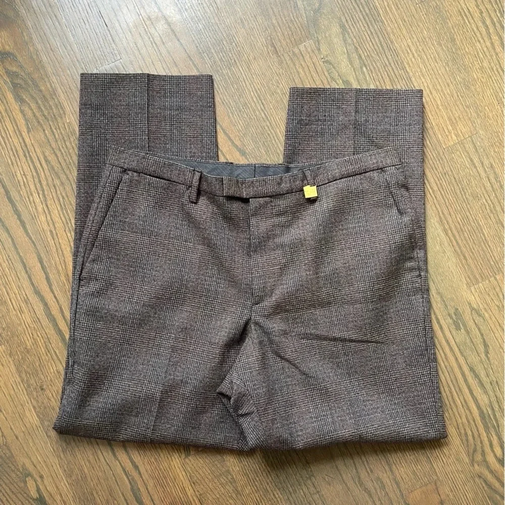 Banana Republic Wool Slim Trousers with extended tab brown glen plaid Mens 35x30